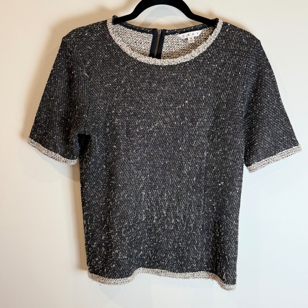 Cabi Black Sparkle Tweed Knit Top Short Sleeve Zipper Neck Women's M
